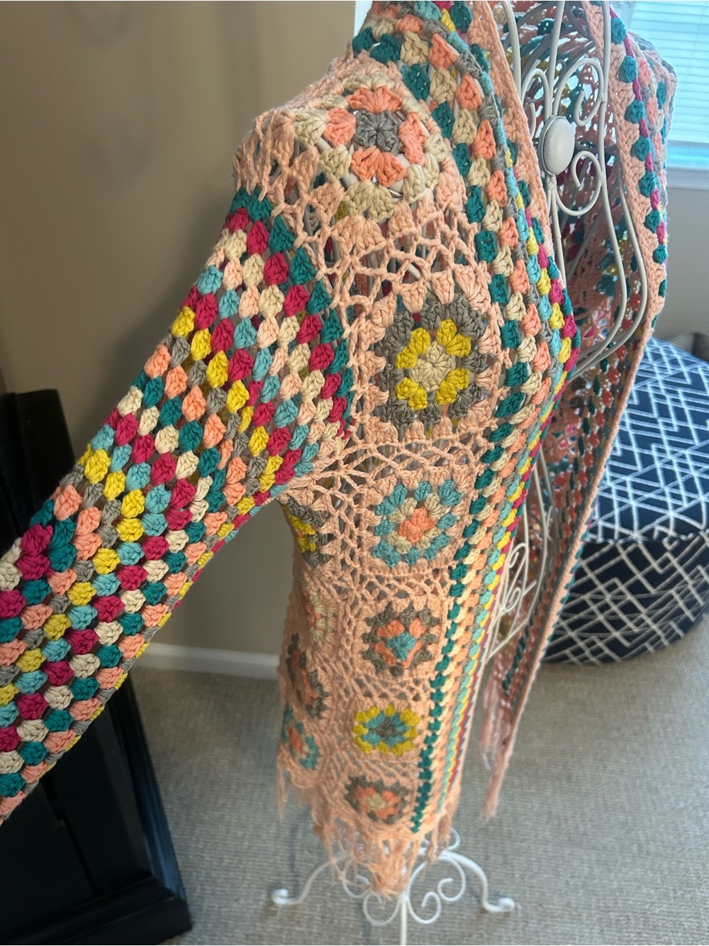 Pink Lilly Crochet Fringe Cardigan in Pink, Teal, Yellow & Fuchsia size small - Picture 2 of 5